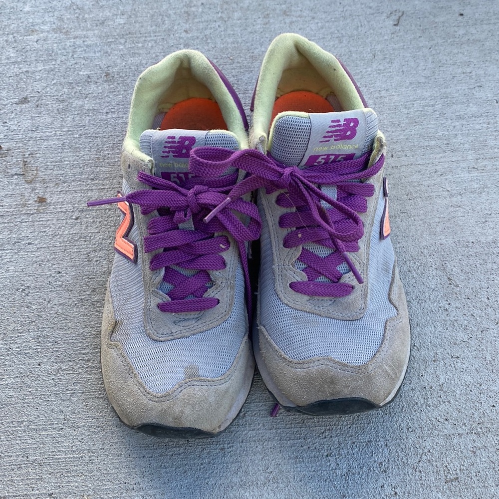 New Balance Women's Gray Sneakers with Purple Laces and Pink Accents